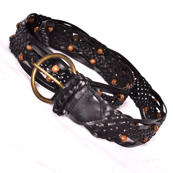 Women's Black with Brown Beads Braided Belt - Picture 3 of 8
